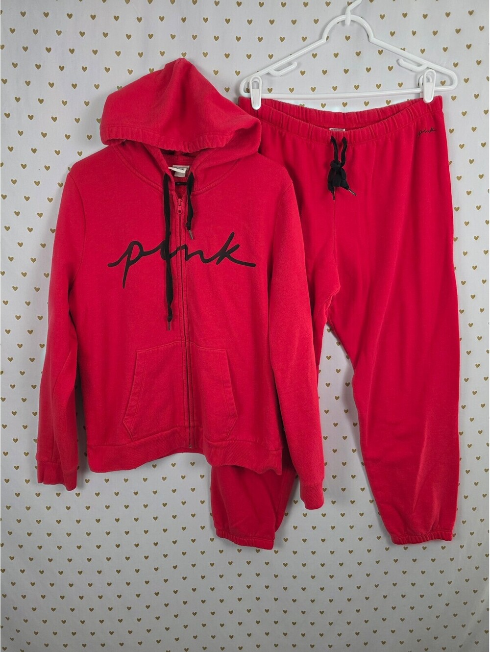 Victorias Secret Pink Red Logo Full Zip Hoodie Jacket Sweats Sweatpants Set XL